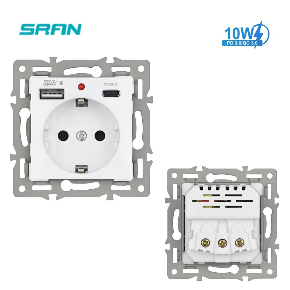 Розетка SRAN EU с USB, Type-C, 10W PD 3.0