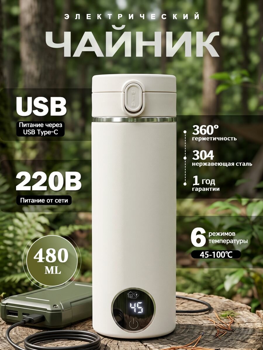 Электрический чайник Type-C 100W , 480 мл, дорожный мини чайник для дома и путешествий