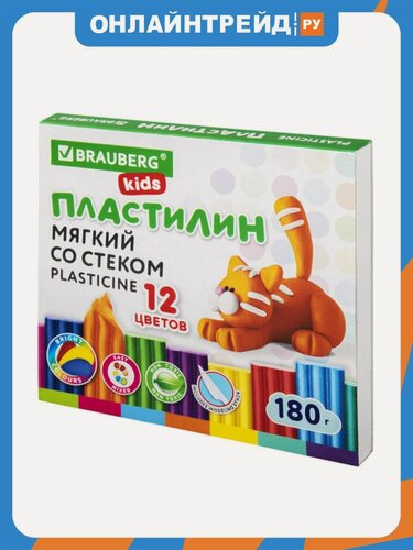 Изображение товара Пластилин Brabix мягкий восковой BRAUBERG KIDS, 12 цветов, 180 г, со стеком, 106495