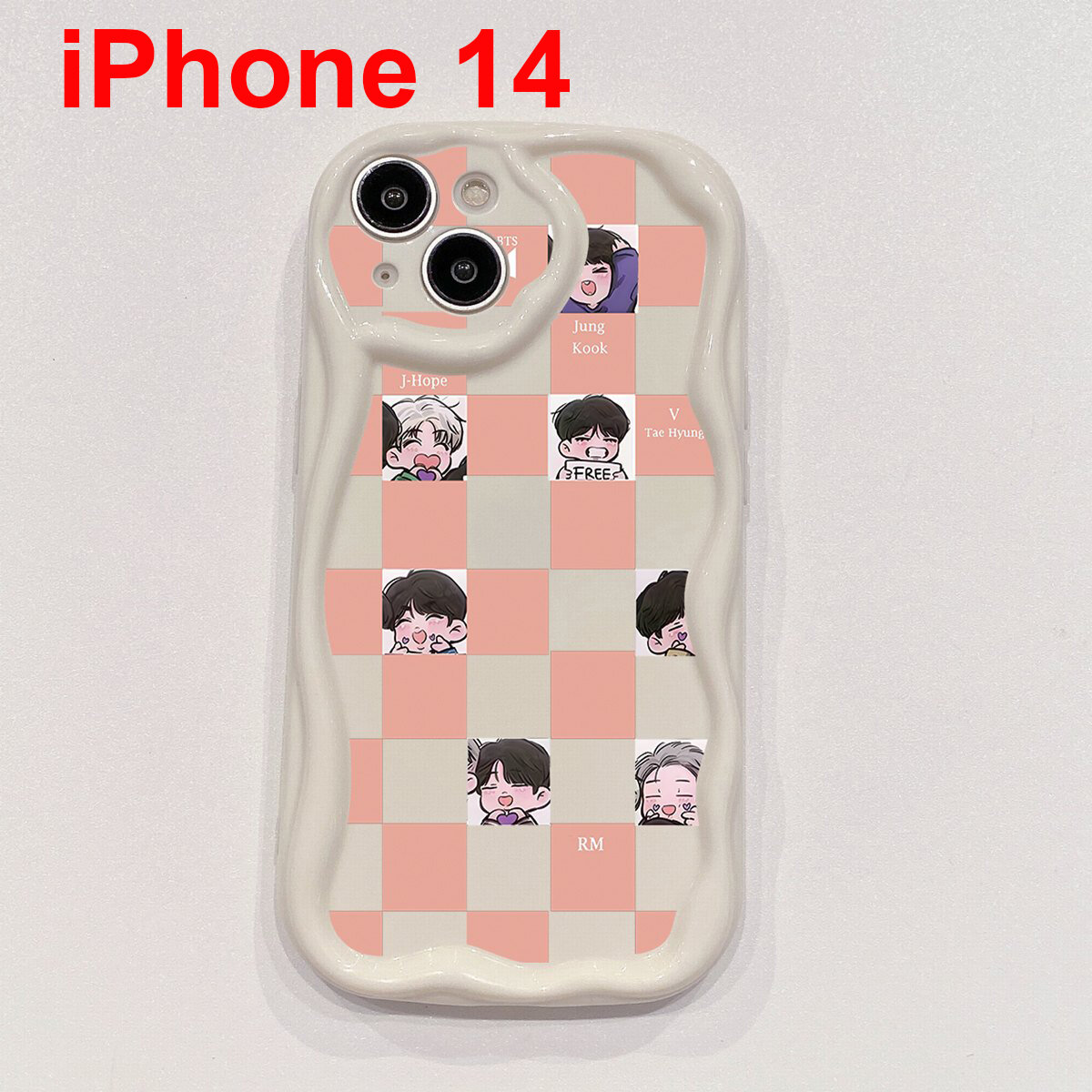 Чехол неправильной формы для iPhone 14 с изображением BTS BT21 и мягкой волной.