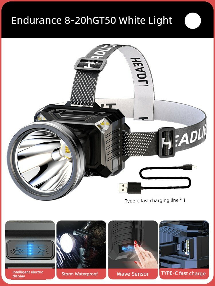 Головной фонарь GT50, датчик, IPX8, Type-C, белый свет, долгий заряд, для рыбалки и туризма