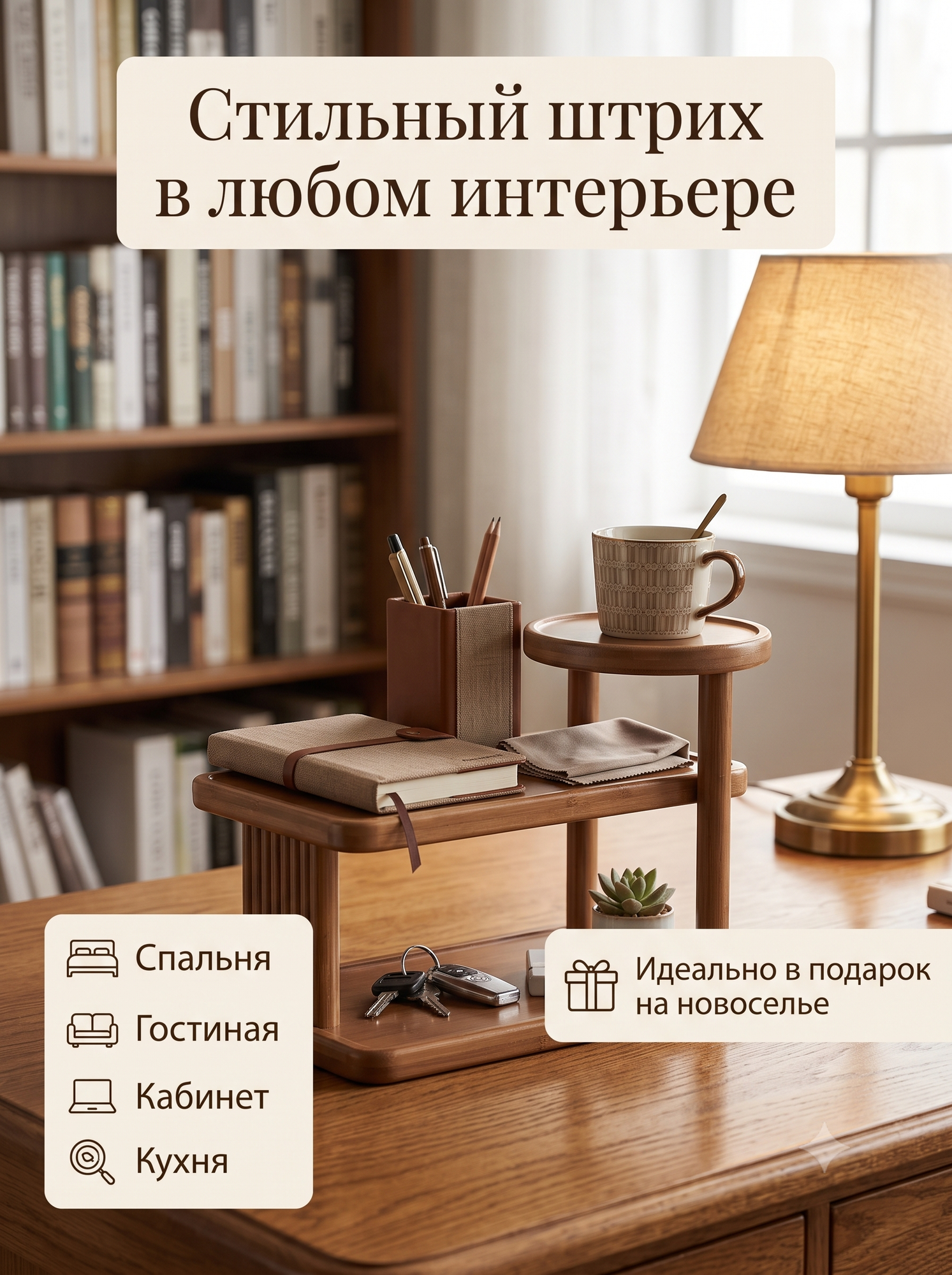 Настольный органайзер для хранения, деревянная полка из бамбука в прихожую, стеллаж для ключей и чашек, винтаж
