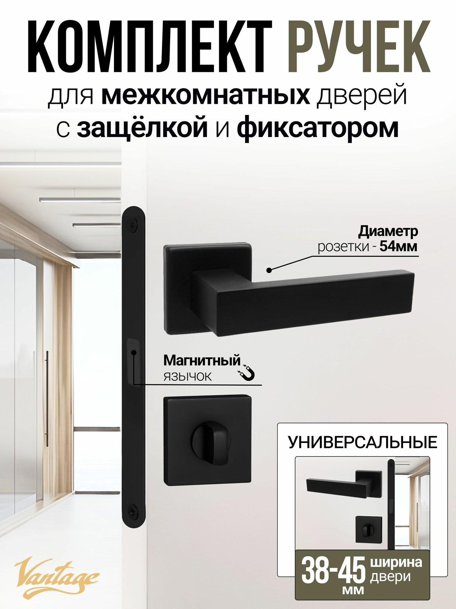 Ручка дверная межкомнатная с магнитной защёлкой и фиксатором, нержавеющая сталь, матовый черный