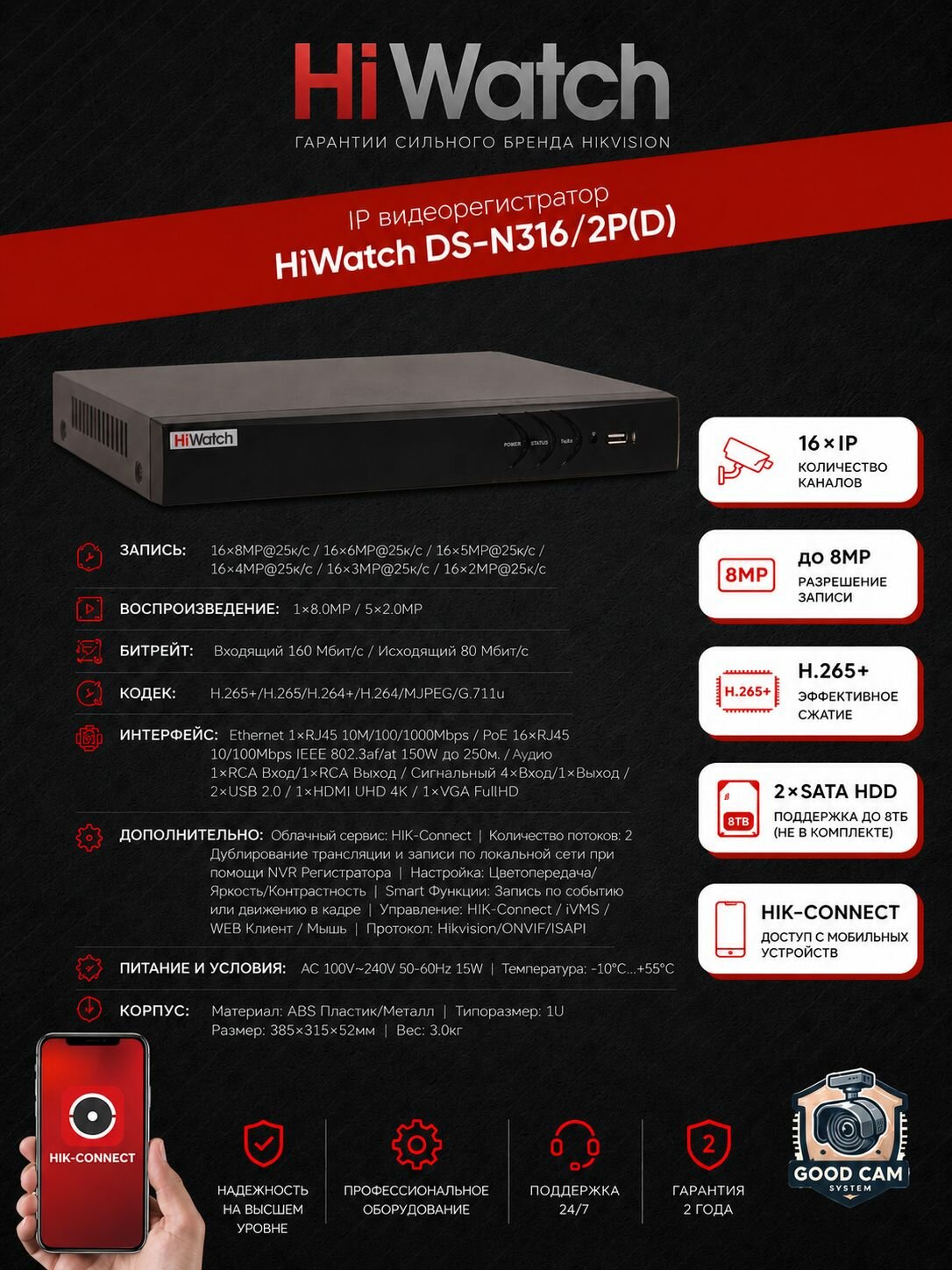 IP видеорегистратор HiWatch DS-N316/2P(D) 16 каналов PoE 8MP 4K H.265+