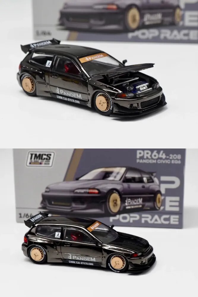 Pop Race 1:64 Pandem Civic EG6 Dark Chrome TMCS 2025 Коллекционная машинка
