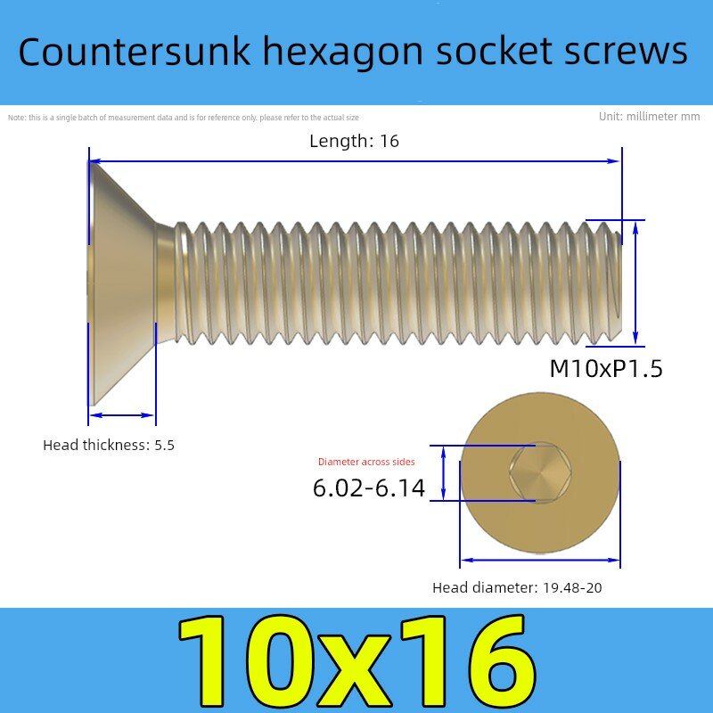 Медный конусный плоский шестигранный внутренний болт М10 x 16 мм, 1 шт