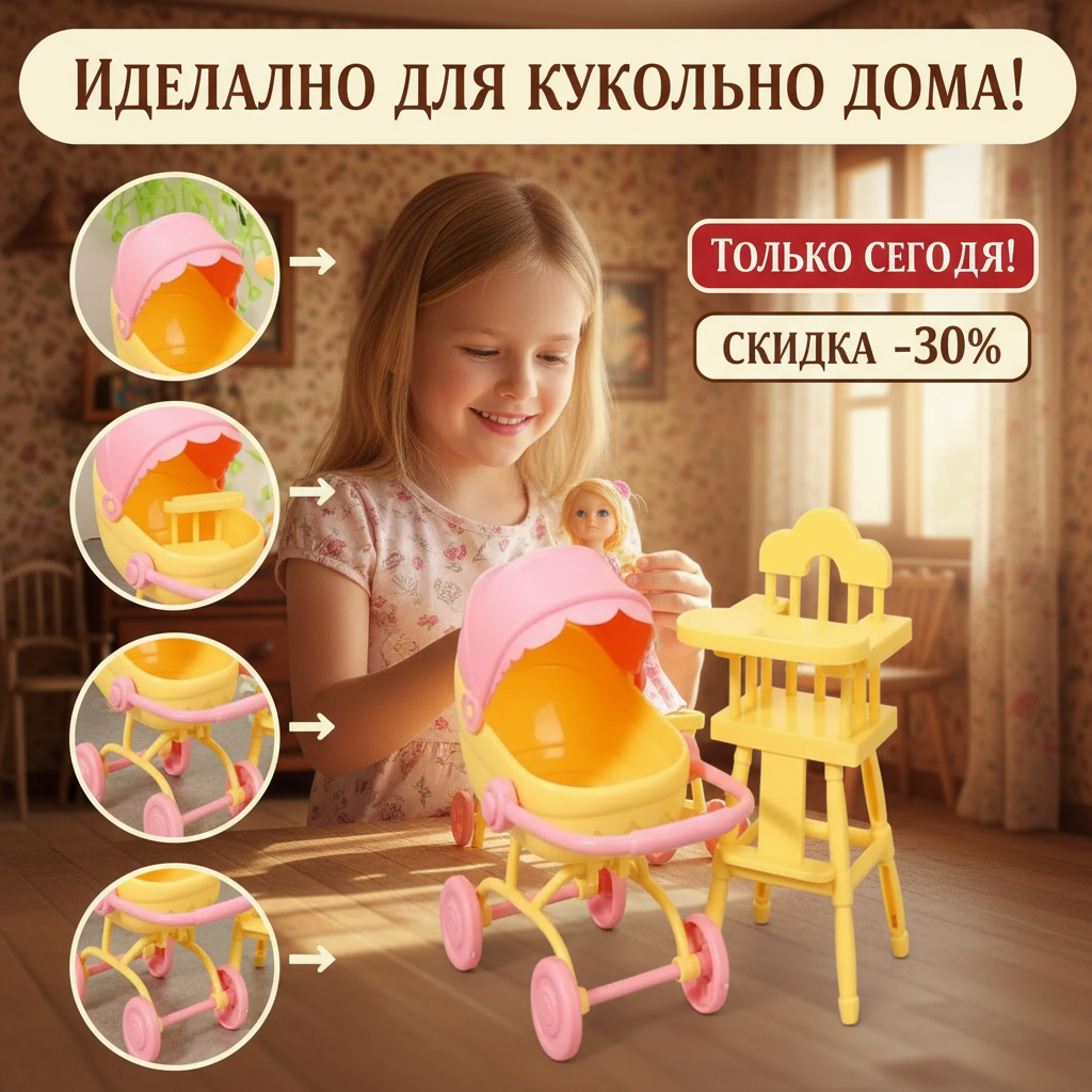 Эксклюзивная коляска для кукольных прогулок с эргономичным дизайном, габариты 9.20x7.30x6.10 см