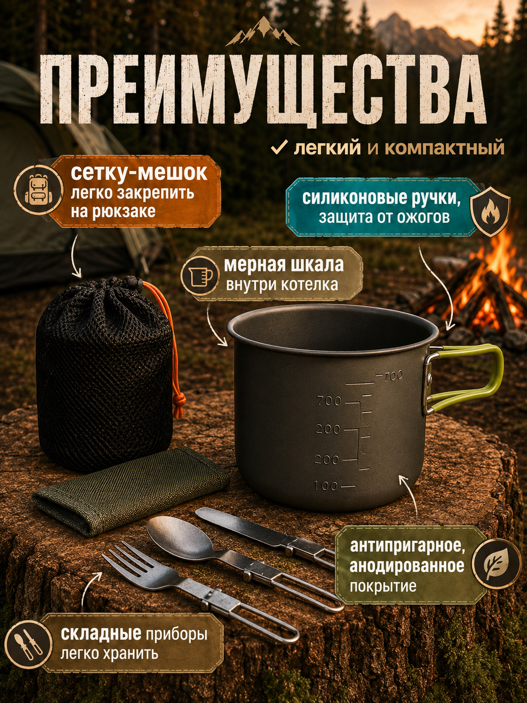 Котелок походный туристический набор посуды с приборами + подарок одеяло спасательное — фото 1