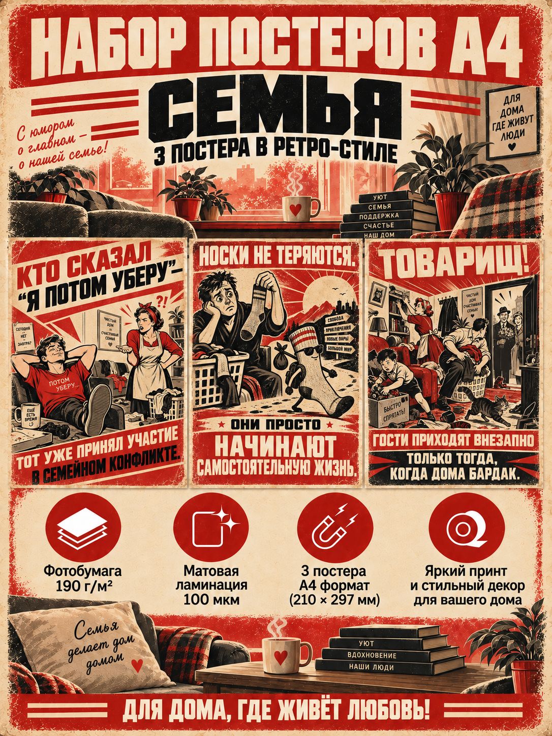 Плакаты на стену A4 3 шт про семью ретро