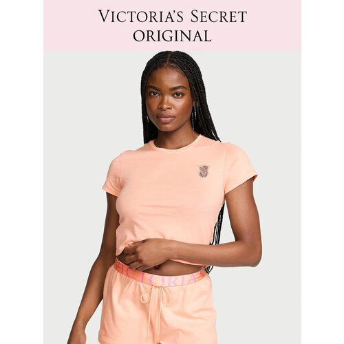 фото Пижама victoria's secret 100% cotton lace patch short pajama set, размер m, персиковый