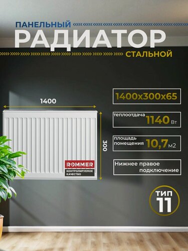 Изображение товара Радиатор стальной панельный 300х1400 нижнее правое подключение Ventil 11/300/1400 Сантехническая нить 20 м