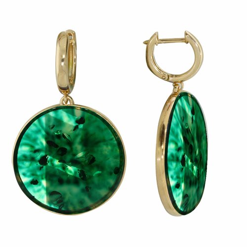 фото Серьги diamant online, серебро, 925 проба, золочение, янтарь, длина 4.6 см, , зеленый