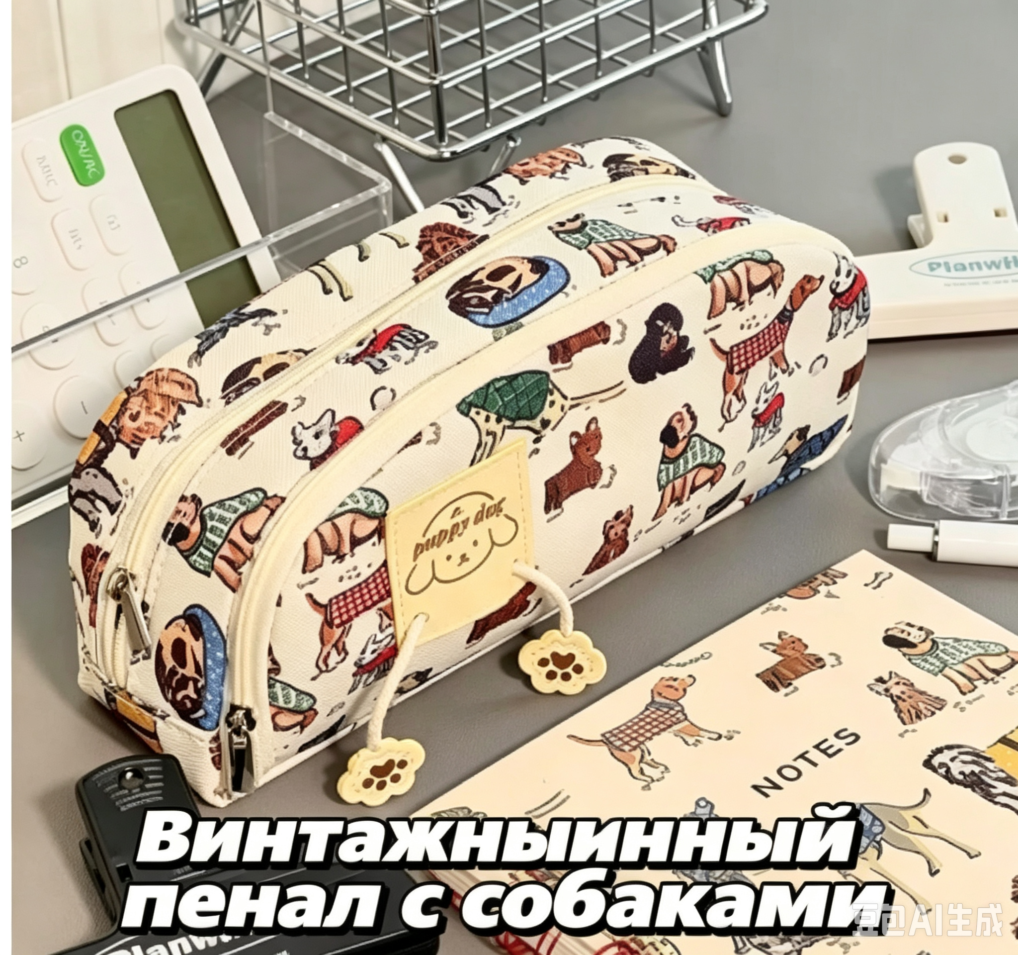 Пенал косметичка для школьников и студентов Ретро, 2 кармана, цвет бежевый