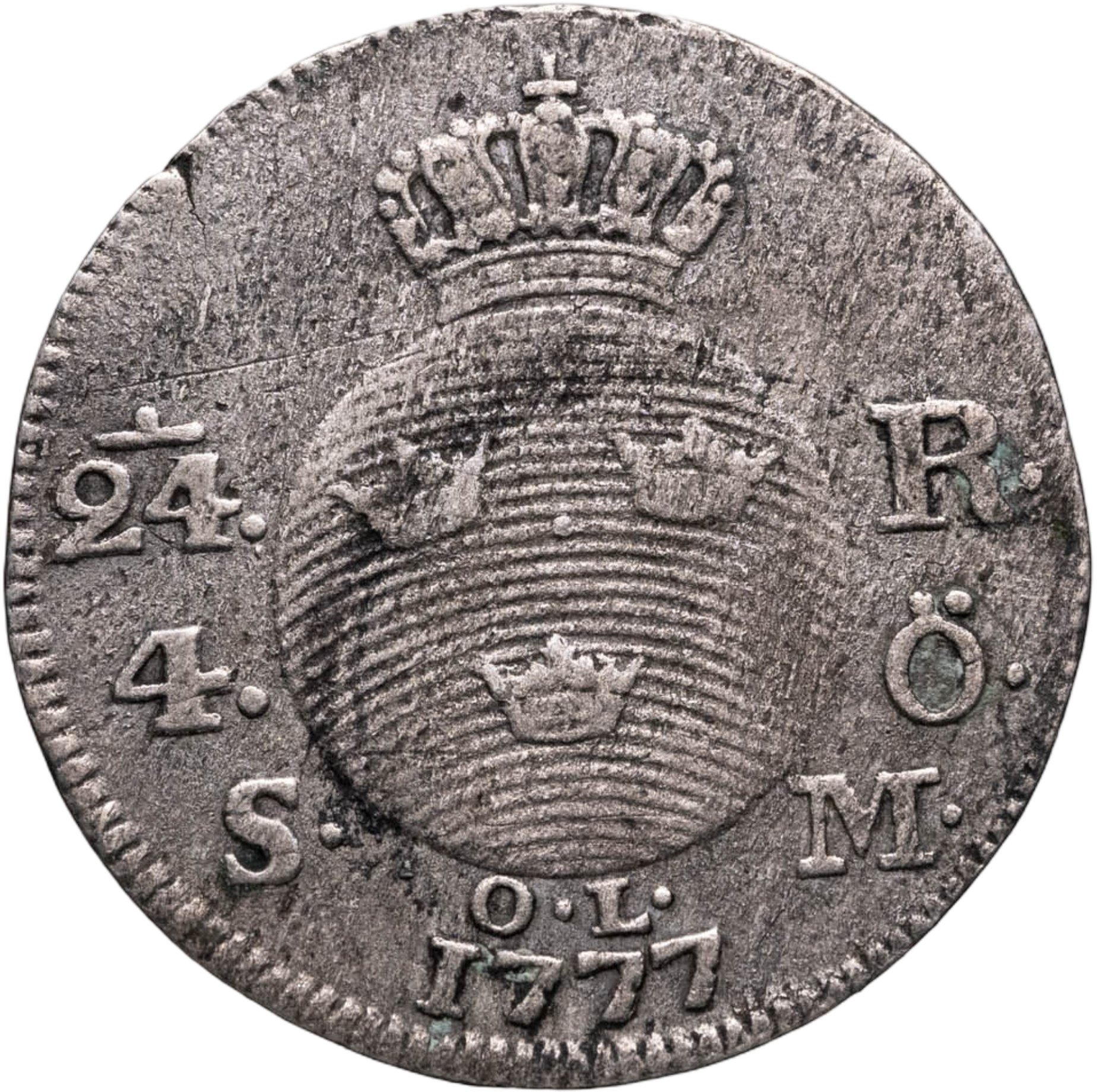 Швеция 1/24 риксдалера 1777, Серебро 382, в сохранности VF