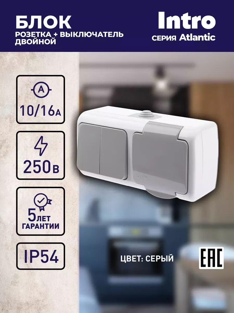 Блок розетка с выключателем Intro Atlantic 5-702-03 двойным 2P+E, 10(16)А-250В, открытой установки, IP54, серый