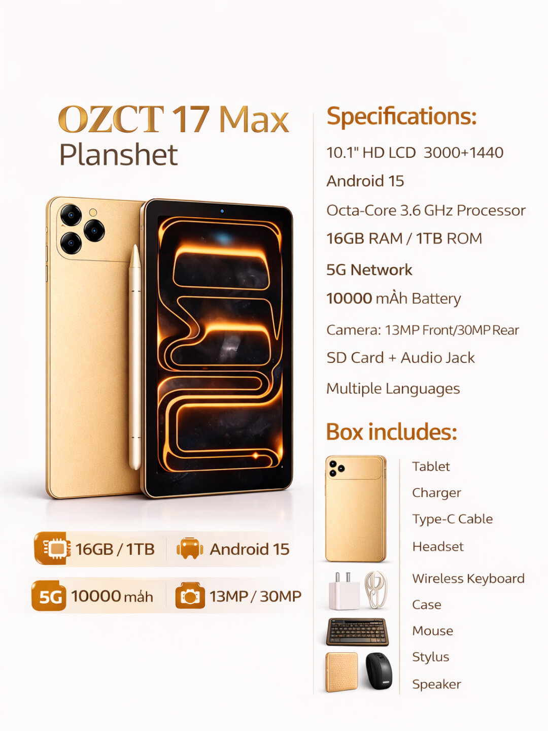 Планшет OZCT 17 Max 10.1", 16GB RAM / 1TB ROM, Android 15, 5G, аккумулятор 10000 мАч, с клавиатурой и стилусом