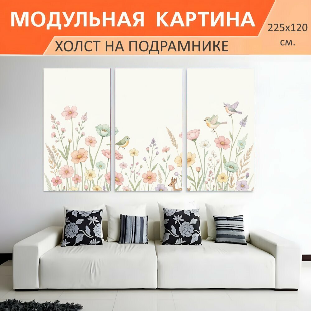 Модульная картина на холсте "Цветущая поляна с птицами и олененком. Нежная акварельная летняя композиция с полевыми растениями." триптих на подрамнике 225х120 см. для интерьера