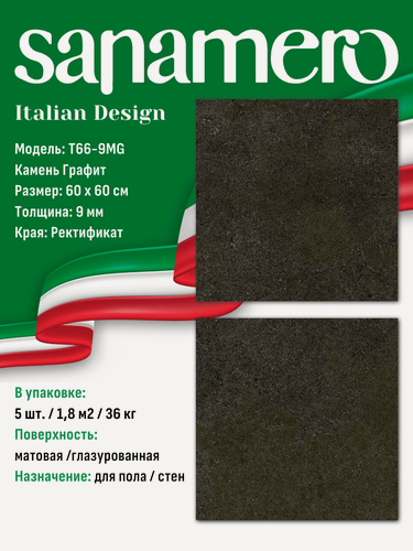 Изображение товара Керамогранит Sanamero Italian Design T66-9MG Камень Графит, матовый/глазурованный (60 х 60 х 0,9 см) 1,8 м2, 5 шт/уп