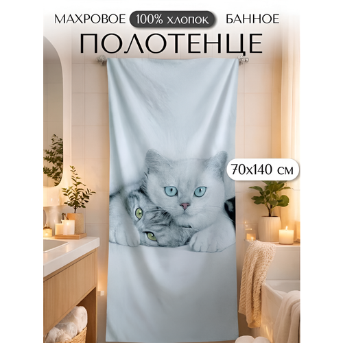 фото Полотенце банное пляжное махровое белые котики, 100% хлопок, 70х140 см, серый белый павлина