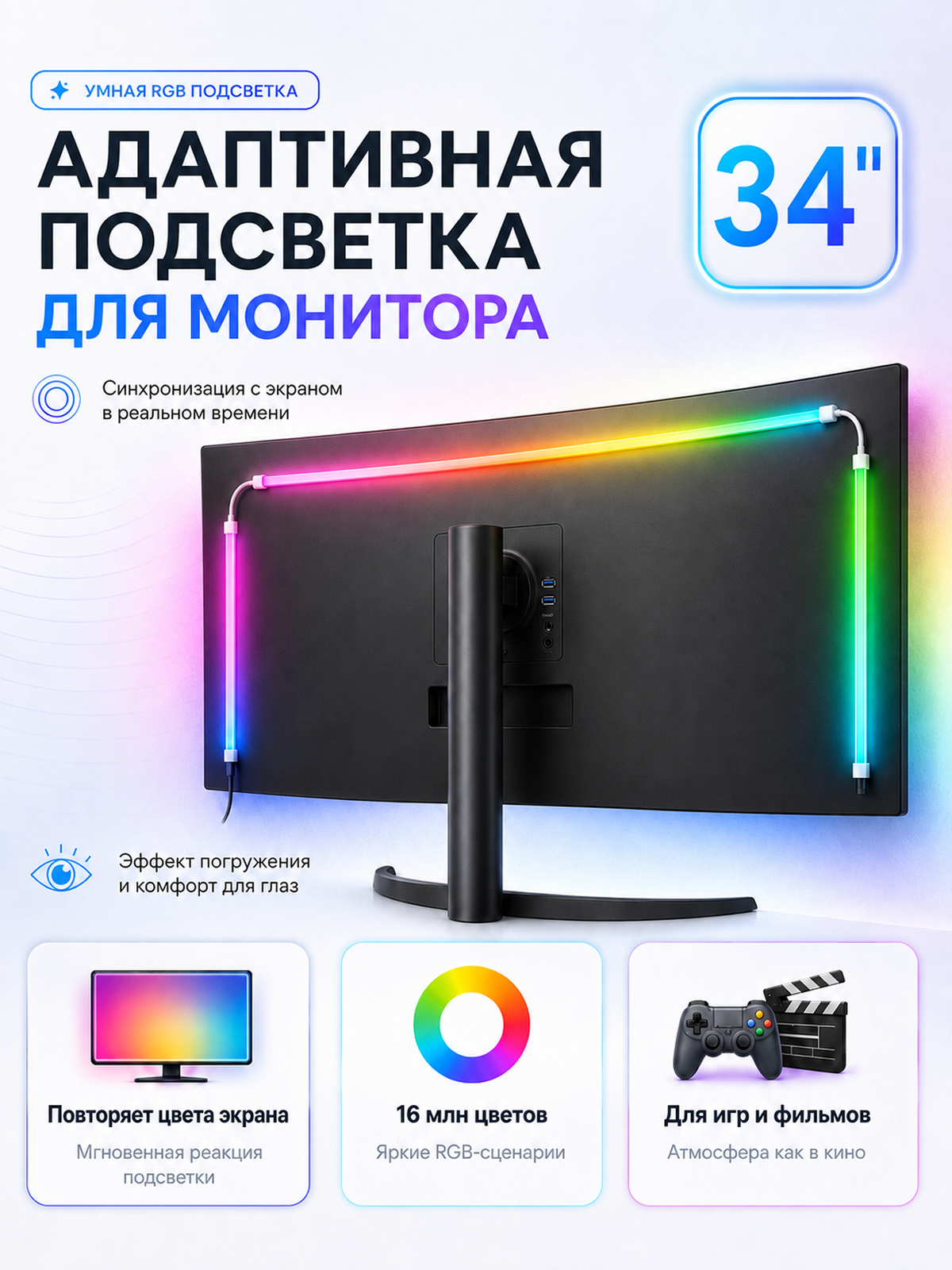 Умная динамичная Ambilight подсветка для монитора 34" RGB лента