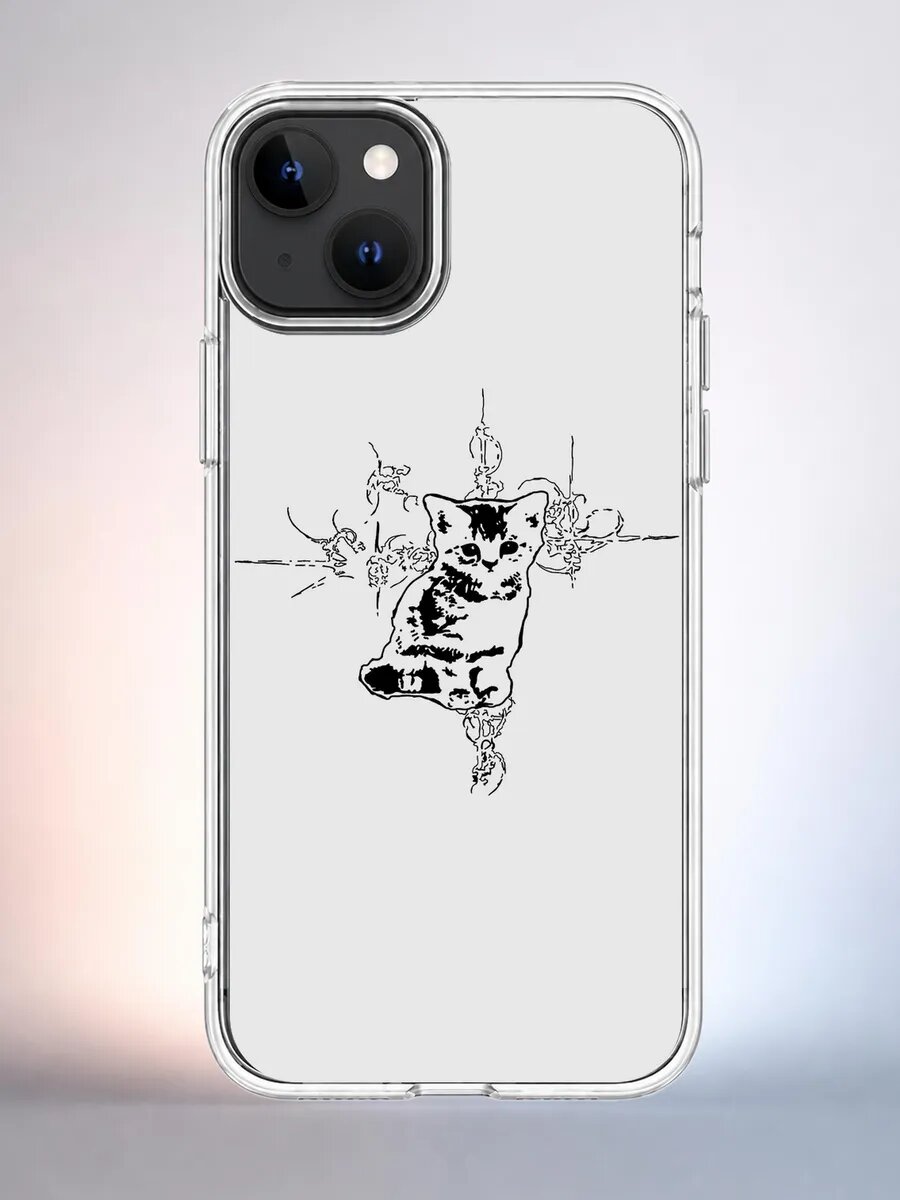 Чехол iPhone 13 котёнок скетч силиконовый прозрачный