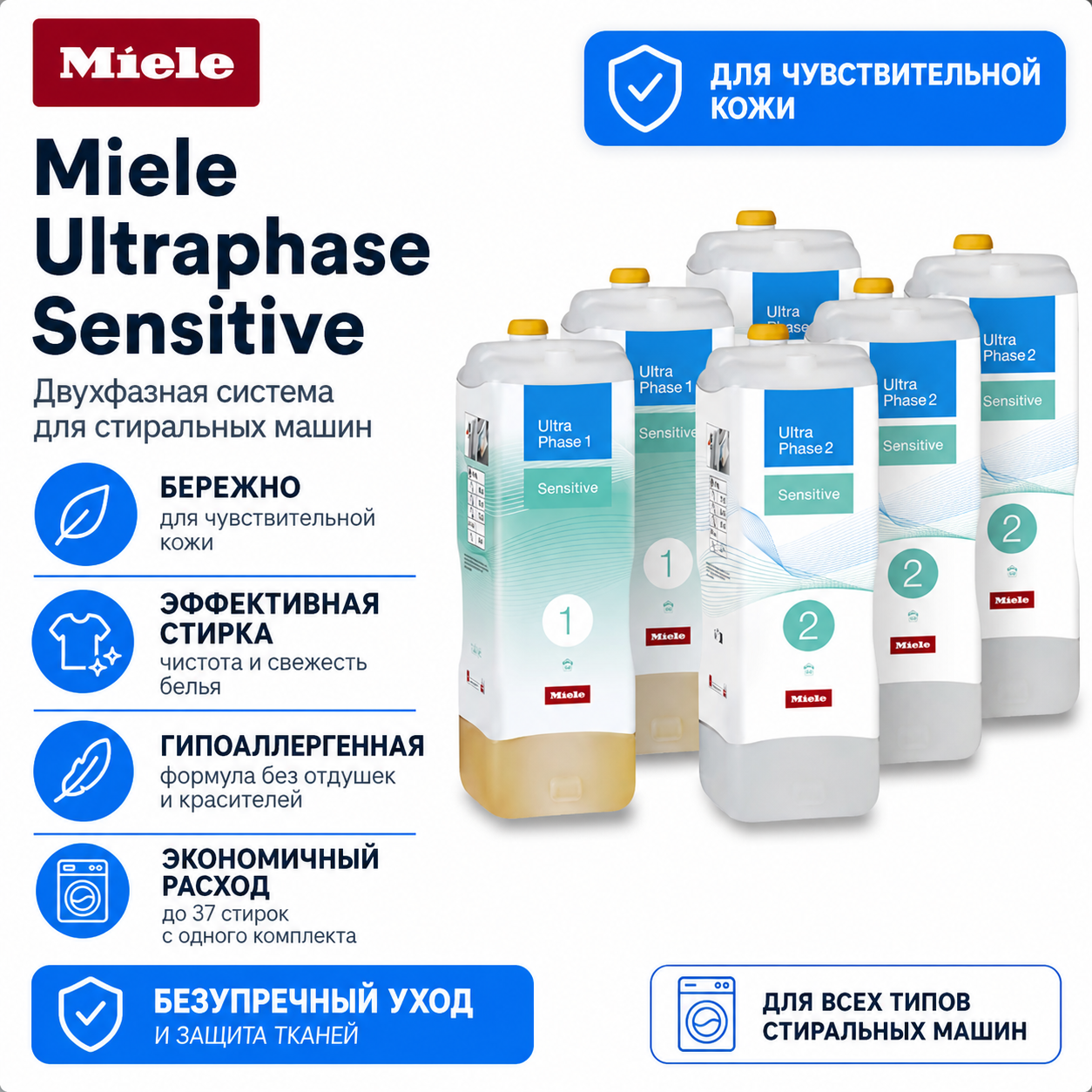 Двухкомпонентное жидкое моющее средство Miele UltraPhase1 Sensitive + UltraPhase2 Sensitive 6шт. (3+3)