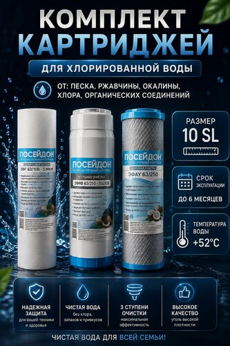 Изображение товара Комплект картриджей предочистки для хлорированной воды, набор для хлорированой воды для фильтров Аквафор, Барьер, Гейзер, Atoll и т. п. (SL10)