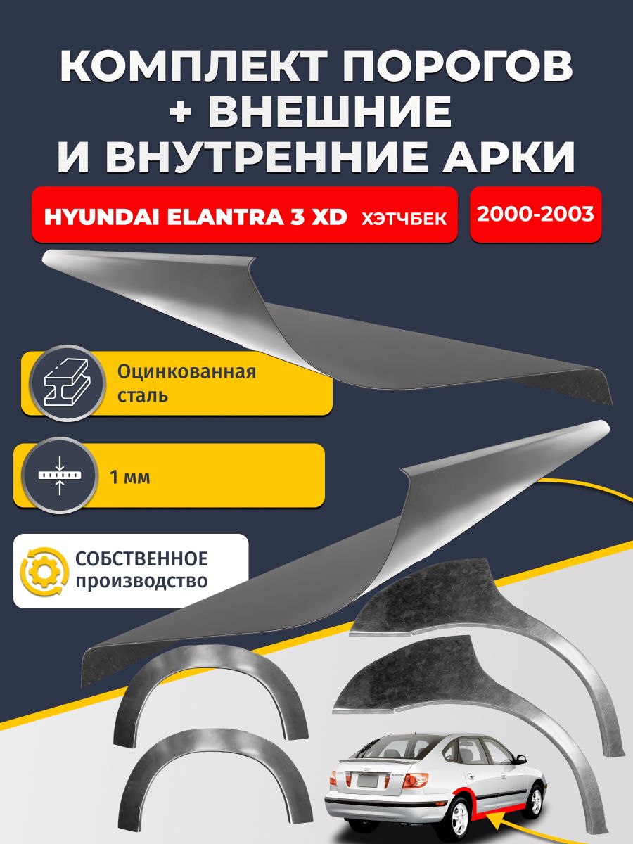 Комплект ремонтных задних внешних и внутренних арок (0,8 мм) + комплект стандартных ремонтных порогов , на Hyundai Elantra 3 XD хэтчбек 5 дв (Хендай Элантра ХД) Оцинкованная сталь 1 мм