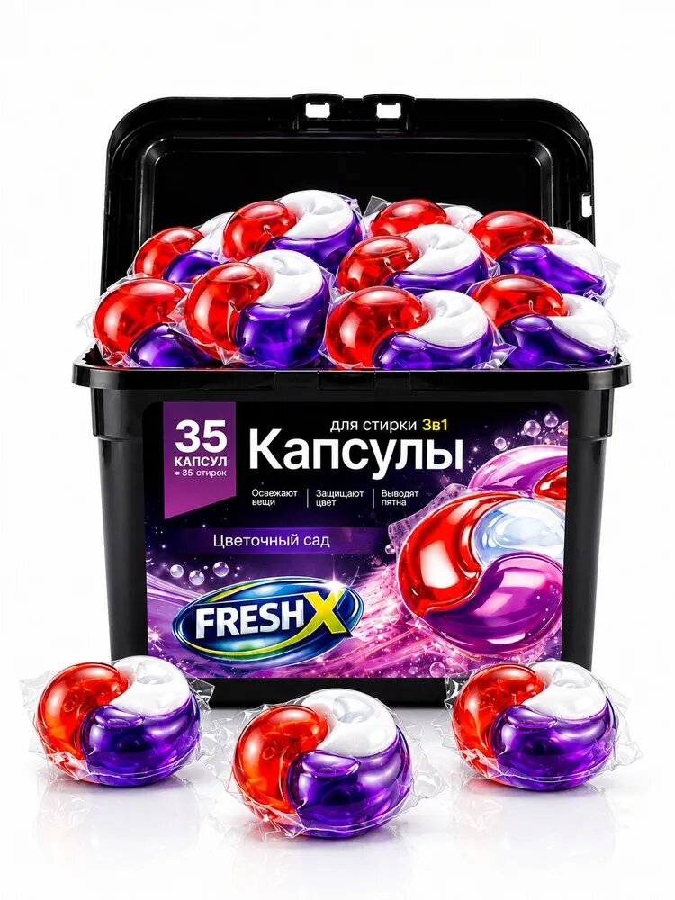 Капсулы для стирки белья FRESH X, 3в1, Цветочный Сад, 35 штук, с кондиционером