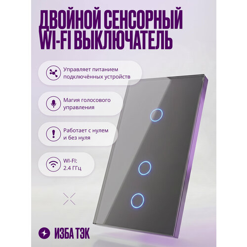 фото Умный выключатель wi-fi на 2 поста (1 кл + 2 кл), сенсорный, с нулем и без нуля в одной рамке, серый, умный дом izba tech