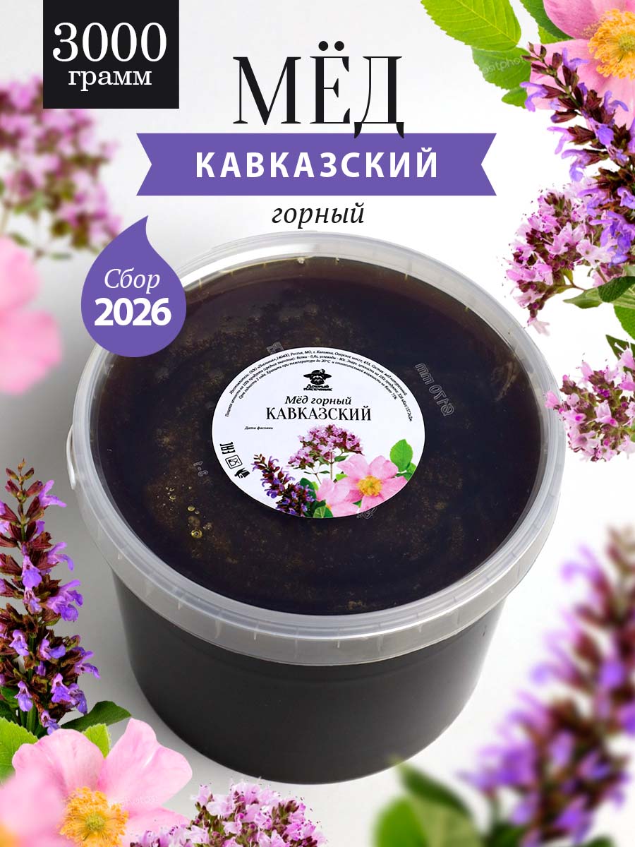 Кавказский горный мед 3 кг, для иммунитета, полезный подарок