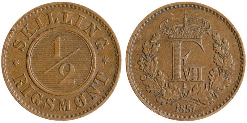 Дания, 1/2 скиллинга 1857 год, XF