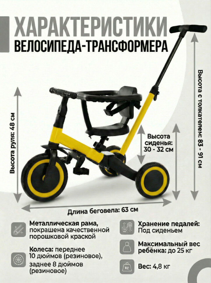 Детский беговел-велосипед 8в1 с крышей и ручкой, желтый - TR008C-YELLOW — фото 1