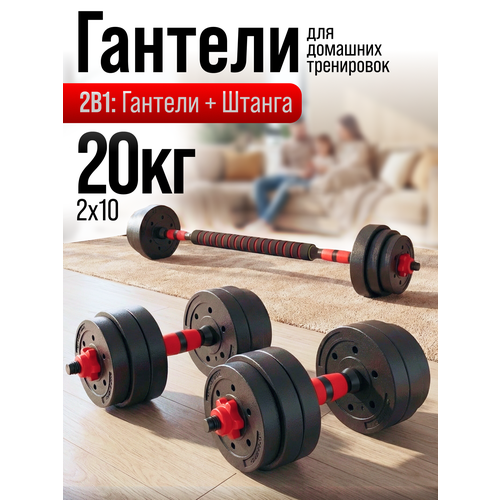 Гантели разборные ТИТАН для фитнеса + штанга спортивная, общий вес 20 кг, 2 гантели по 10 кг+ штанга 1 кг