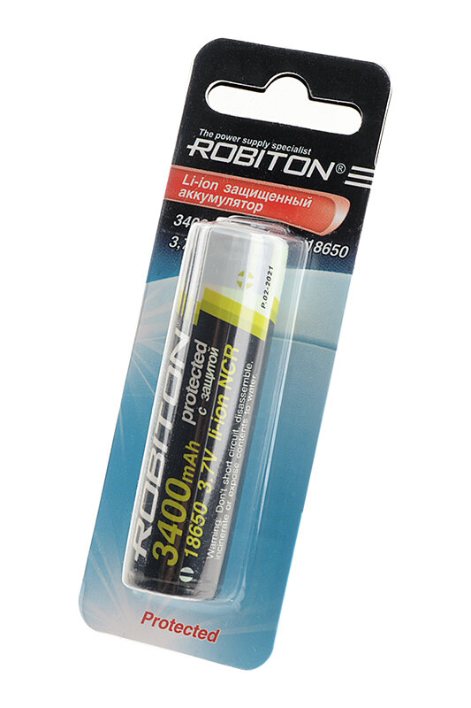 Аккумулятор Li-Ion 3400 мА·ч ROBITON 18650-3400 с защитой, 1 шт.