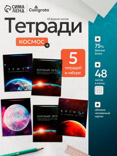 Изображение товара Комплект тетрадей из 5 штук (4 разные + 1 повторяющаяся), 48 л в клетку Calligrata "Космос", блок №2 (серые листы)