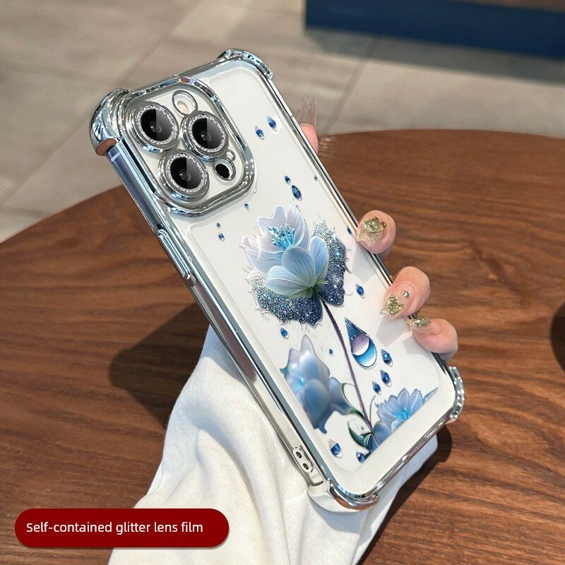 Чехол для iPhone 11 прозрачно-белый с синим цветочным узором, блестящая пленка для объектива и пылезащитная сетка