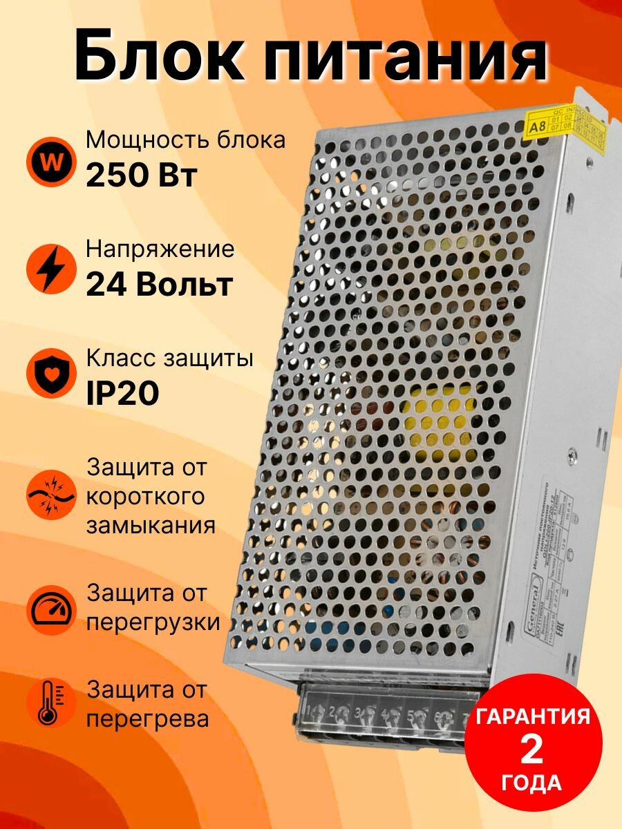 Блок питания для светодиодной ленты 24V, мощность 250Вт, IP20