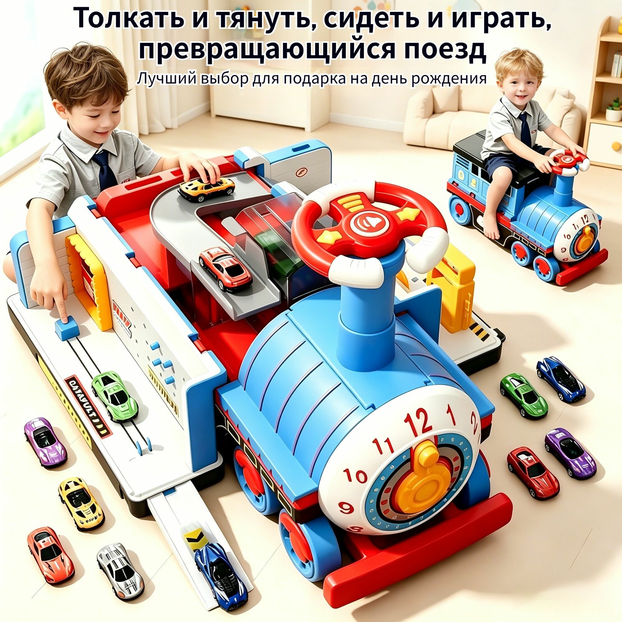 Игровой трансформируемый поезд 4 в 1 для детей, каталка на колесах, паровозик для сидения, автопарк с машинками, развивающая игрушка подарок мальчику на 1,2,3 года
