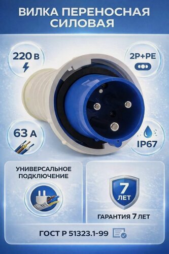Изображение товара Вилка переносная EKF ССИ-033, 63А, 2Р+РЕ, 220 В, IP67.