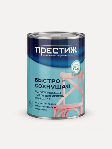 Изображение товара Эмаль акриловая Престиж желтая полуглянцевая 0.9 кг, быстросохнущая краска с ароматом яблока для дерева и металла, универсальная.