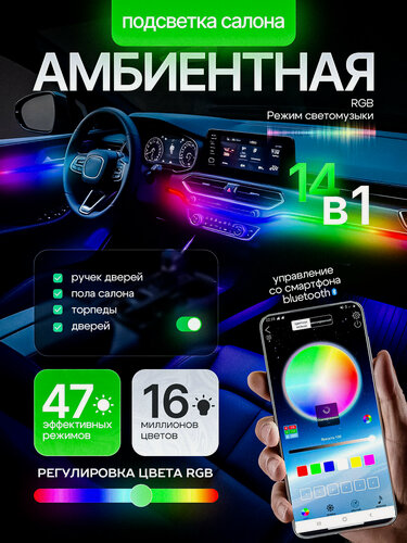 Изображение товара Атмосферная RGB подсветка светодиодная для салона авто 14 в1
