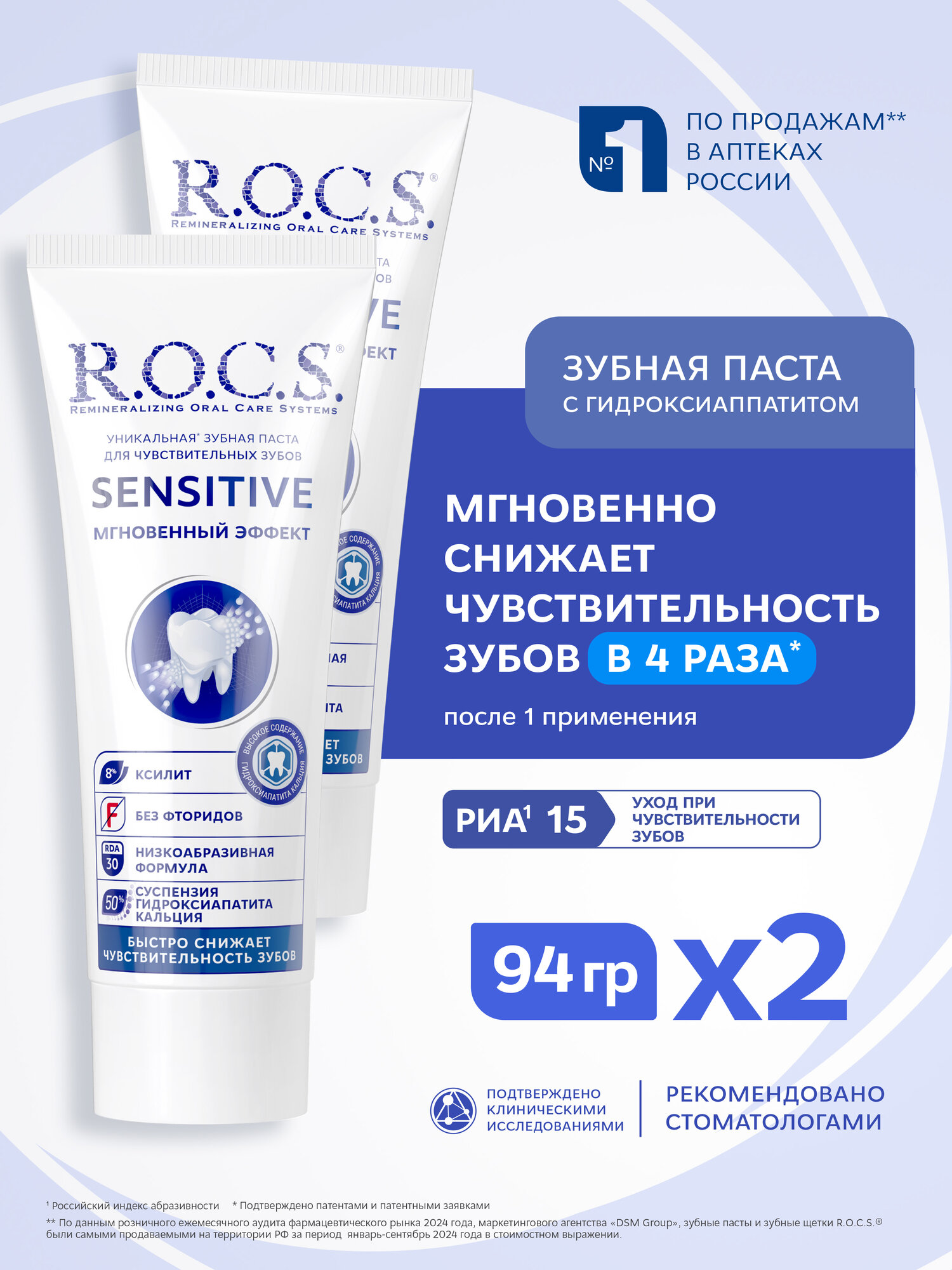 Зубная паста R.O.C.S. SENSITIVE мгновенный эффект  94 гр, 2 шт
