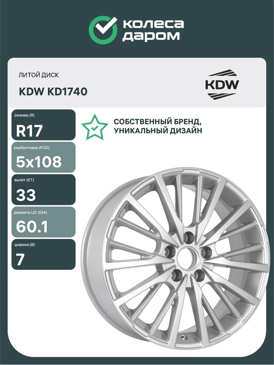 Диски автомобильные литые KDW KD1740 R17x7 5x108 ET33 D60.1 Серебристый