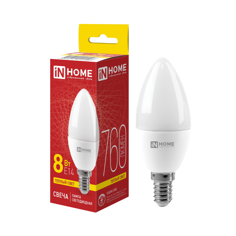 Лампа светодиодная Е14 C37 свеча 8Вт теплая матовая InHome VC