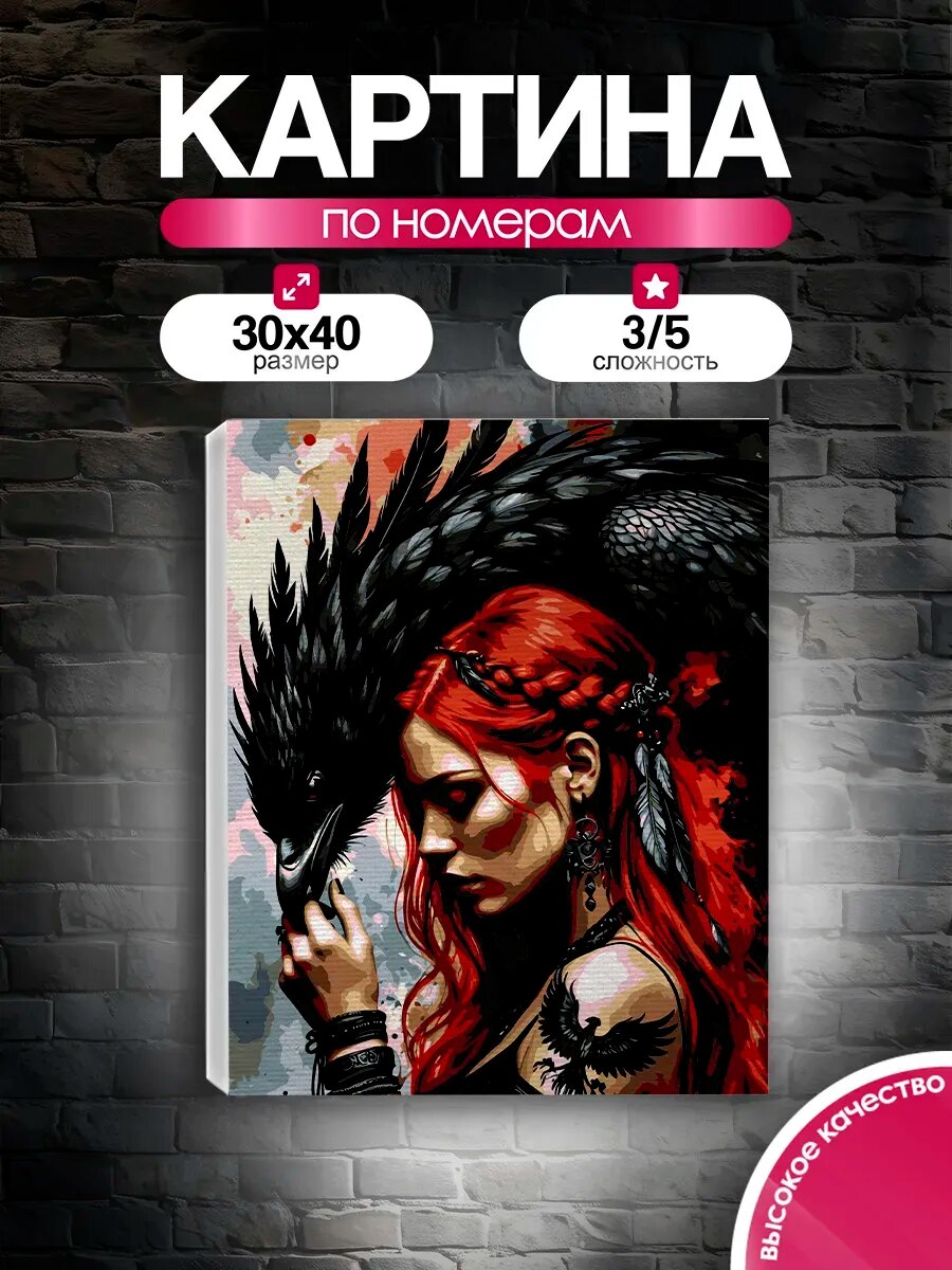 Картина по номерам 30x40 Девушка и ворон