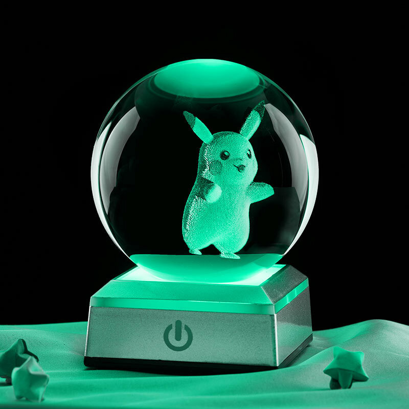8 см. Пикачу 3D кристаллический шар с разноцветным светом, квадратная пластмассовая подставка с батареей, ночник