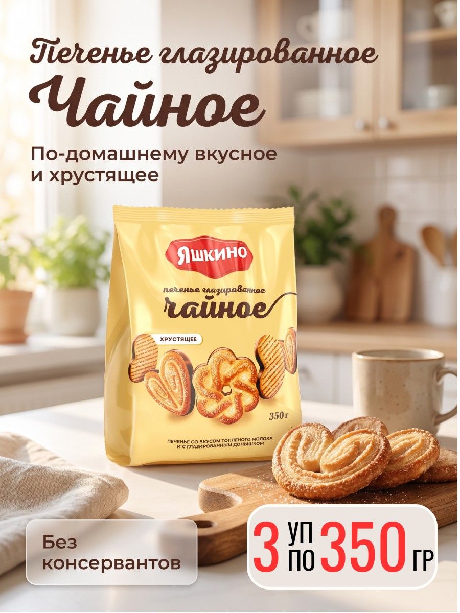 Печенье глазированное Чайное, 3 уп х 350 г Яшкино