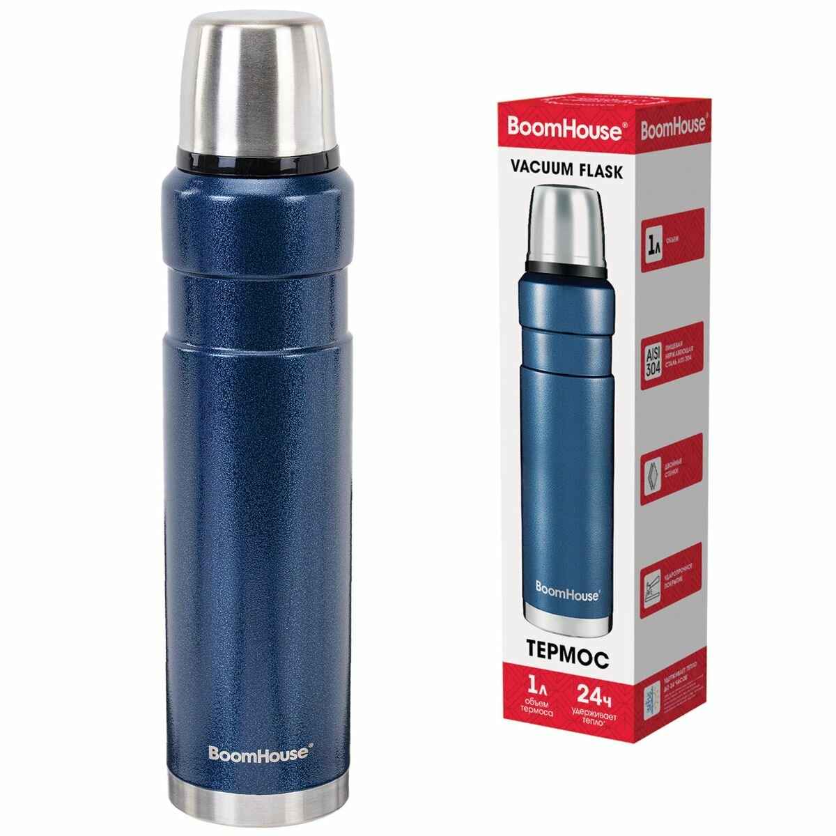 Термос 1л BoomHouse DARKBLUE, нержавеющая сталь SUS304, молотковая эмаль, крышка/кружка