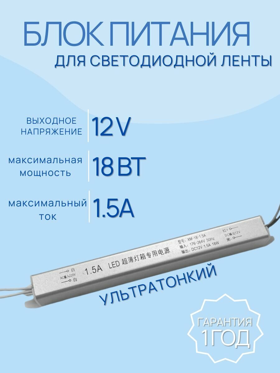 Блок питания тонкий для светодиодной ленты 12V 18 Вт 1.5А , импульсный. Плоский, тонкий, компактный трансформатор с 220V на 12 Вольт алюминиевый корпус. Адаптер постоянного тока, led драйвер